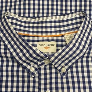 Dockers Shirt Men XXL Blue White Gingham Button Down Long Sleeve Preppy Office